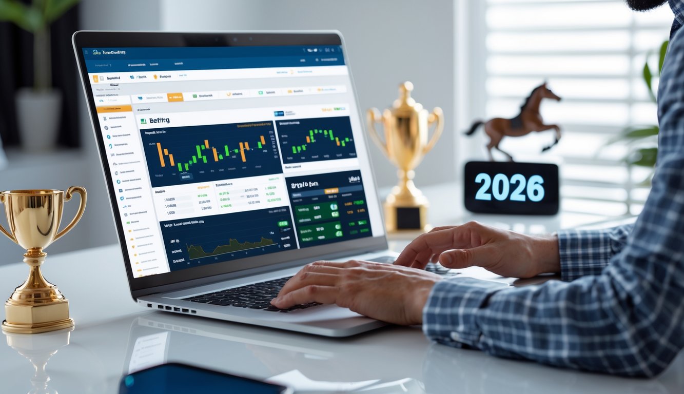 Seseorang menggunakan laptop di meja kerja dengan tampilan situs judi balap kuda online, dikelilingi oleh dekorasi bertema balap kuda dan suasana terang.