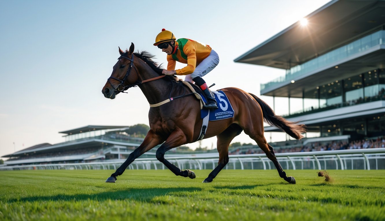 Seekor kuda pacu dan joki sedang berlari kencang di lintasan balap dengan tribun penonton di latar belakang.