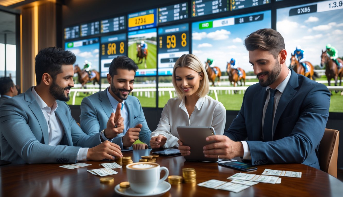 Orang-orang di ruang taruhan balap kuda modern sedang menganalisis pilihan taruhan dengan layar digital dan latar belakang lintasan balap kuda.