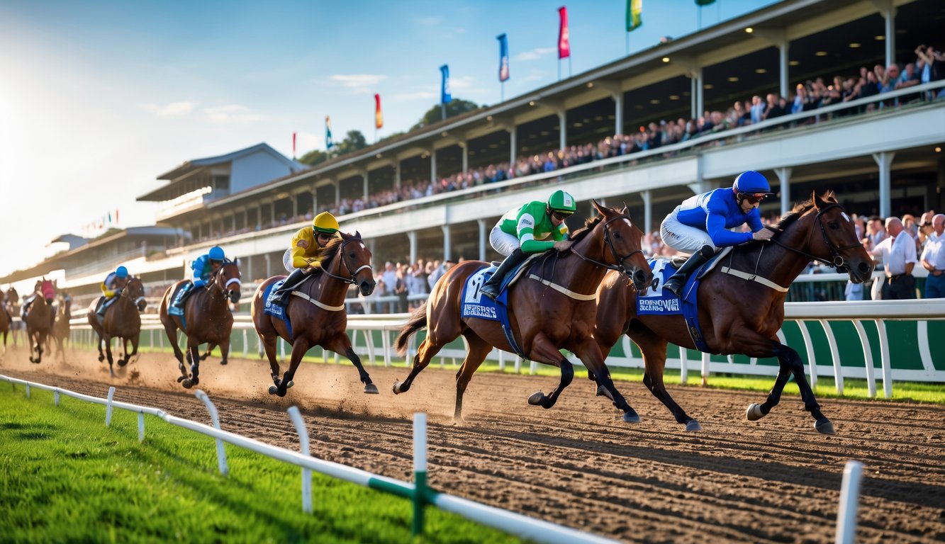 Balapan kuda sedang berlangsung dengan joki menunggangi kuda di lintasan, penonton menyaksikan dari tribun.