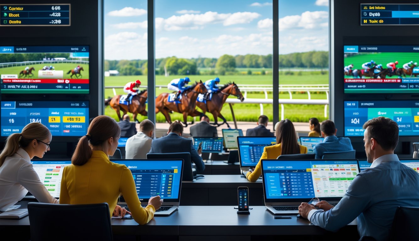 Sejumlah orang sedang bertaruh pada balap kuda di ruang taruhan modern dengan layar digital besar dan pemandangan lintasan balap kuda di luar jendela.