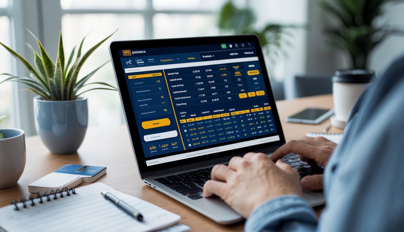 Seseorang menggunakan laptop di meja dengan tampilan platform taruhan balap kuda online yang modern dan jelas.