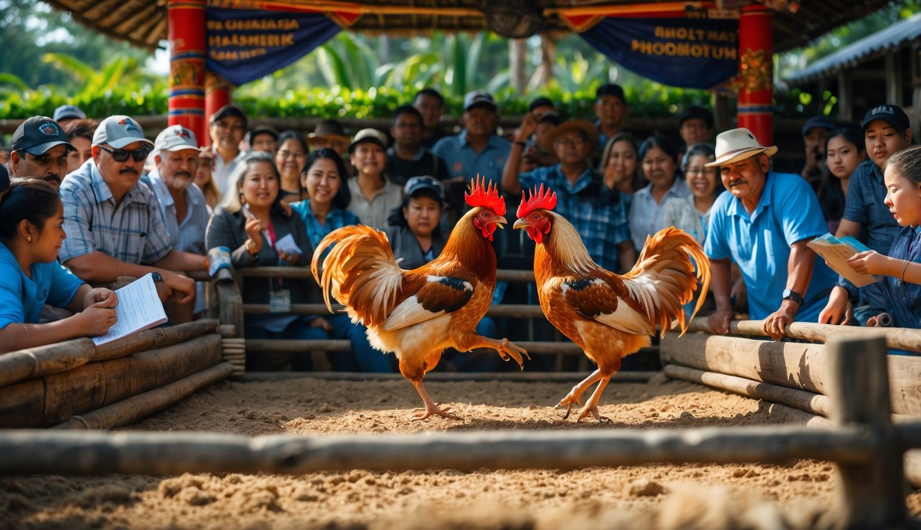 Suasana pertandingan sabung ayam tradisional dengan dua ayam jago bertarung di arena dikelilingi penonton yang antusias.