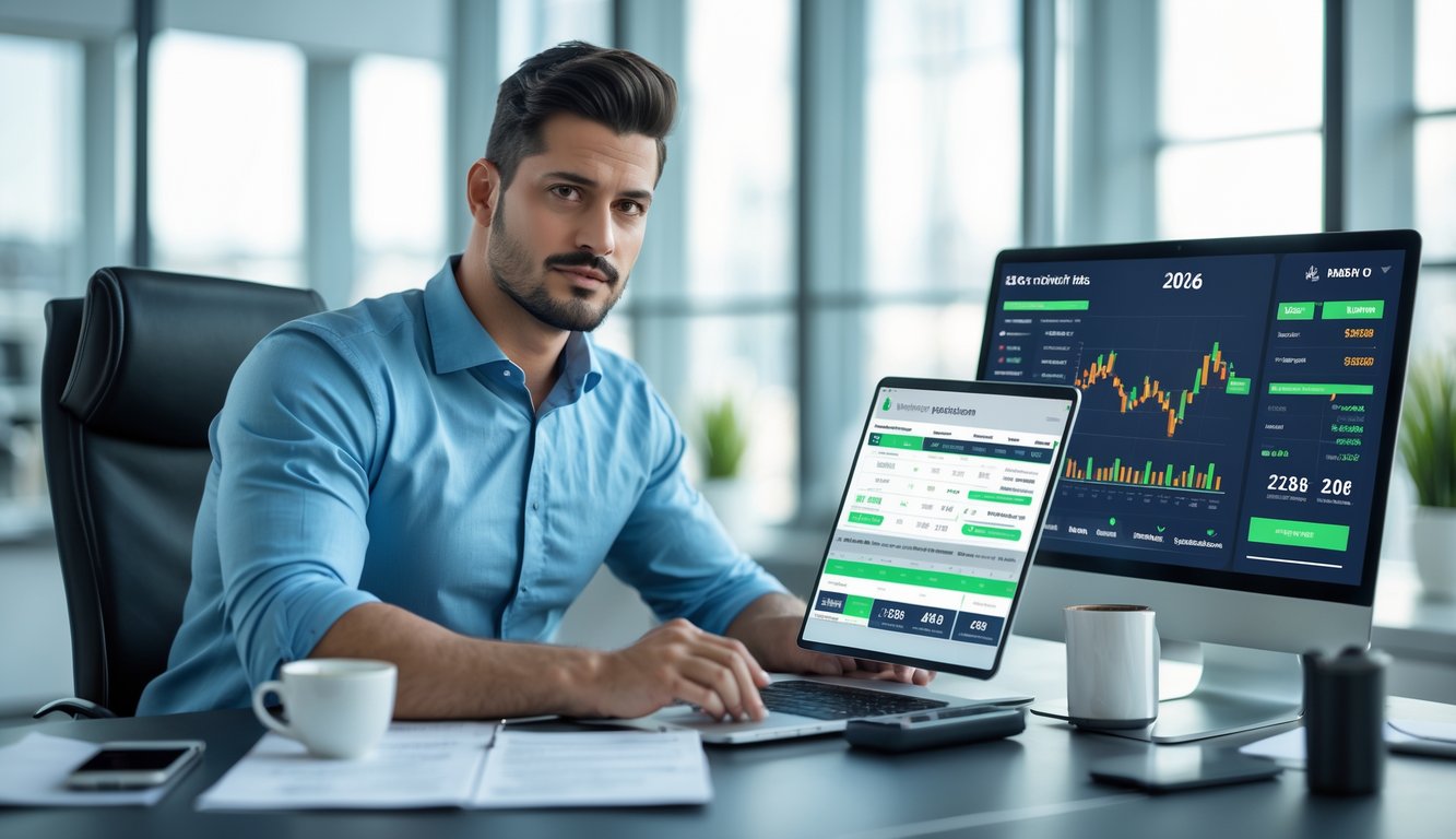 Seorang pria duduk di meja kerja dengan perangkat digital, fokus menganalisis data strategi kemenangan sabung ayam.