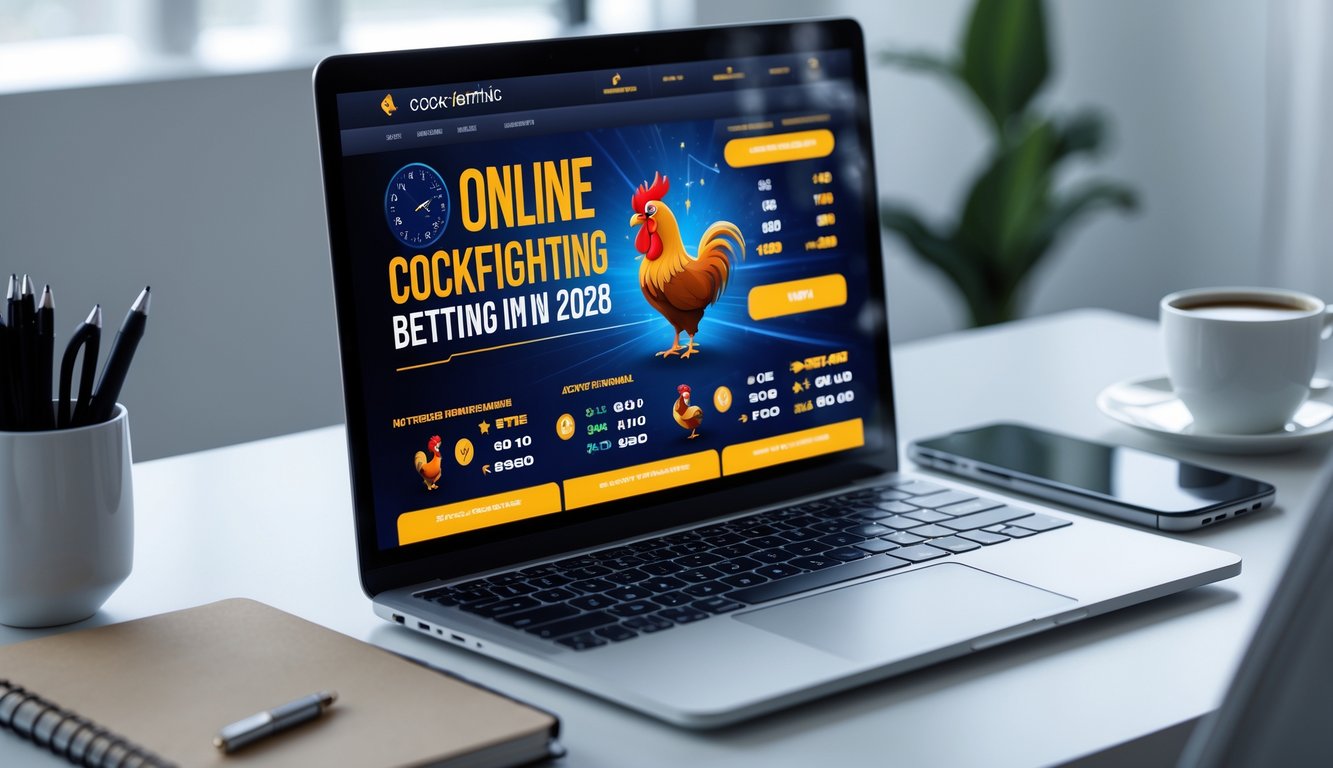 Seorang pengguna duduk di depan laptop dengan tampilan situs judi sabung ayam online yang modern dan menarik di meja kerja yang rapi.