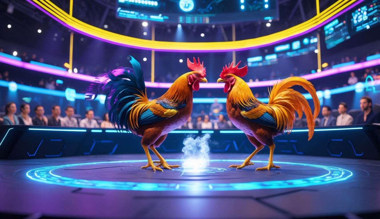 Arena sabung ayam virtual dengan dua ayam bertarung dan penonton menggunakan perangkat realitas tertambah.