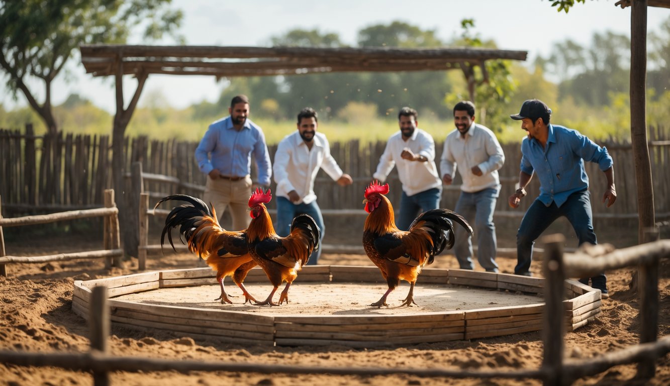 Beberapa pria berkumpul di sekitar arena sabung ayam tradisional di pedesaan, dengan ayam jantan sedang bertarung dan suasana penuh semangat.