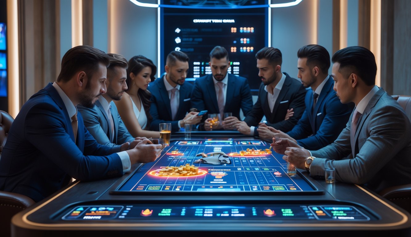 Sekelompok pemain VIP sedang berkumpul di ruangan mewah dengan meja taruhan digital untuk sabung ayam, suasana serius dan eksklusif.