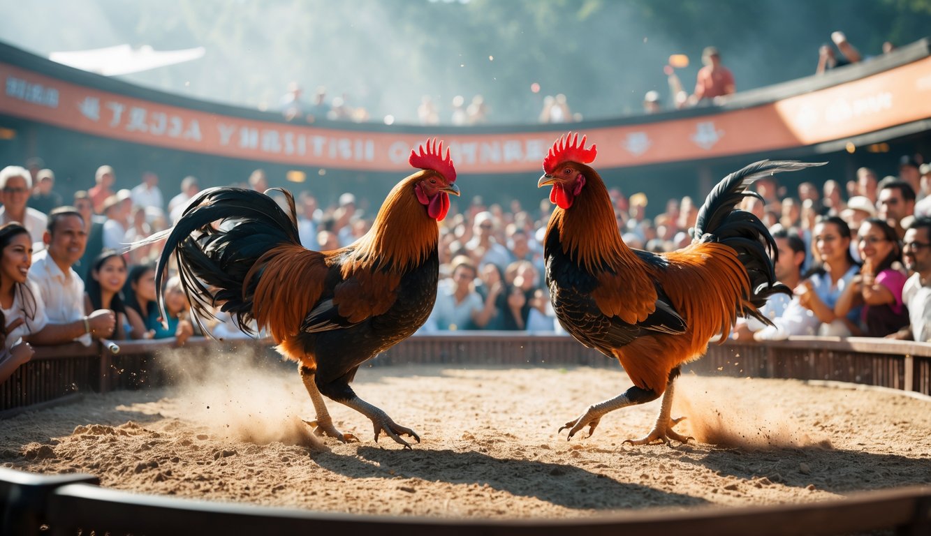 Dua ayam aduan sedang bertarung di arena melingkar dengan penonton ramai di sekelilingnya.