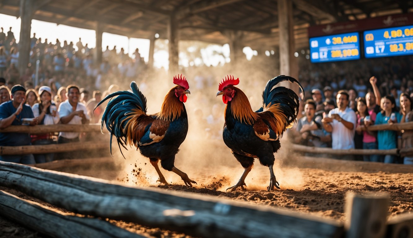 Kerumunan orang menonton pertandingan sabung ayam langsung di arena terbuka dengan dua ayam bertarung di tengah, beberapa orang terlihat memasang taruhan menggunakan perangkat elektronik.