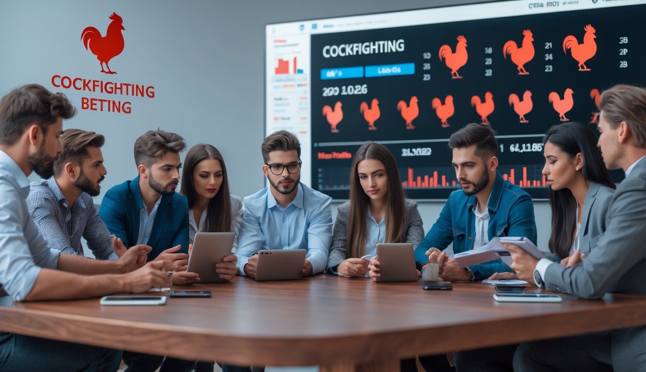 Sekelompok orang muda berkumpul di sekitar meja dengan perangkat digital, mempelajari strategi taruhan sabung ayam.