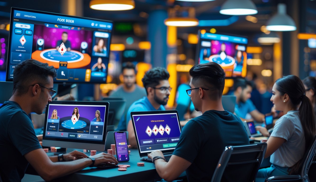 Beberapa orang sedang bermain poker online di depan komputer dan ponsel dalam ruangan modern yang terang.