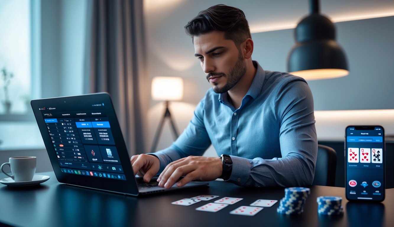 Seorang pria fokus bermain poker online menggunakan laptop di ruangan modern dengan chip poker dan kartu di meja.