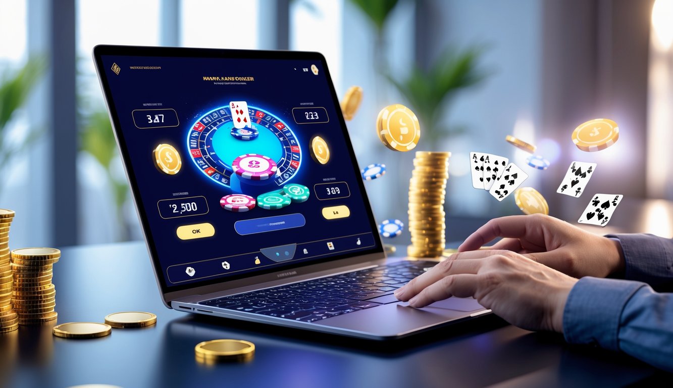 Seseorang bermain poker online di depan komputer dengan tumpukan chip dan kartu poker digital yang terlihat di layar.