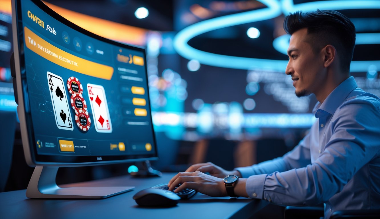 Seorang pria fokus bermain poker online di depan komputer dengan tampilan game poker yang cerah dan modern.