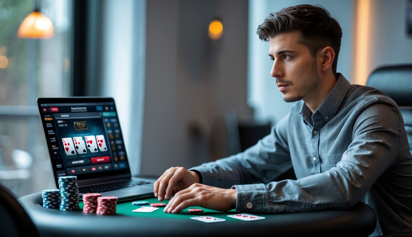 Seorang pria muda duduk di meja poker dengan laptop, fokus bermain poker online dengan chip dan kartu di meja.
