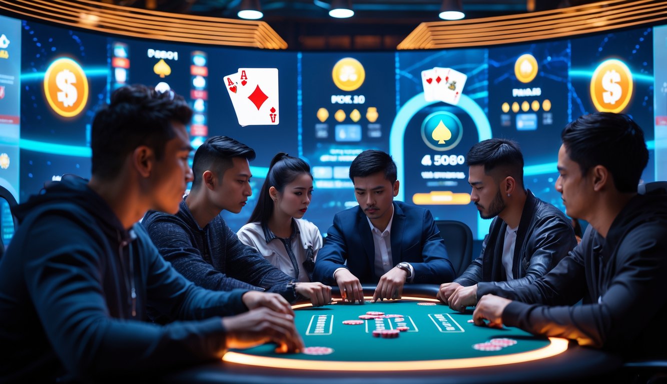 Beberapa pemain poker sedang fokus bermain dalam turnamen poker online dengan layar digital dan elemen futuristik di latar belakang.