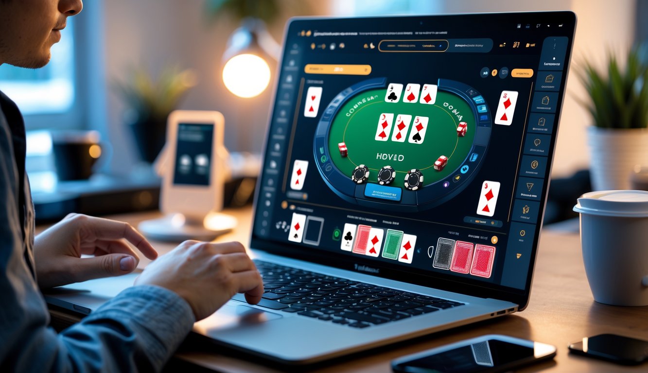 Seorang dewasa muda duduk di depan laptop yang menampilkan permainan poker online, dengan suasana ruang kerja yang rapi dan nyaman.