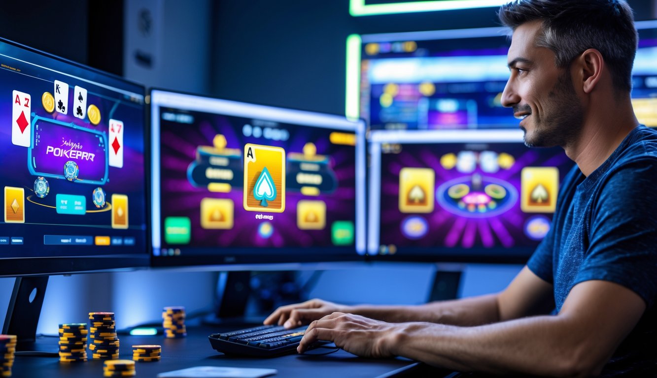 Seorang pemain poker online sedang bermain di depan beberapa monitor komputer dengan tampilan permainan kartu dan chip di meja.