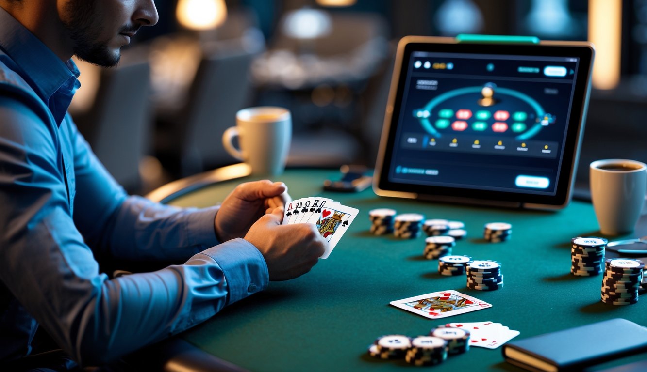 Seorang pemain poker sedang duduk di meja poker dengan chip dan kartu, menggunakan tablet untuk bermain poker online, suasana profesional dan tenang.