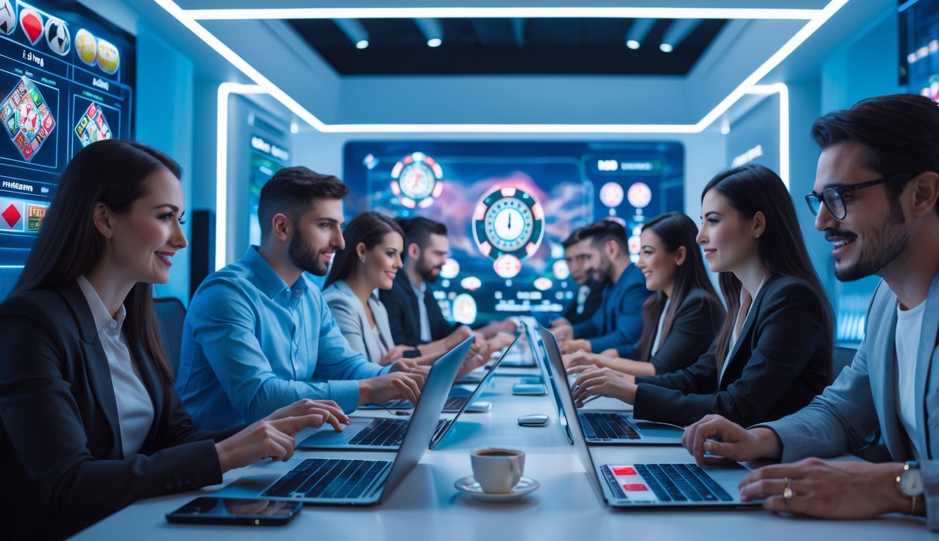 Beberapa orang menggunakan perangkat elektronik untuk bermain judi online di ruangan terang dengan tampilan permainan kasino digital.