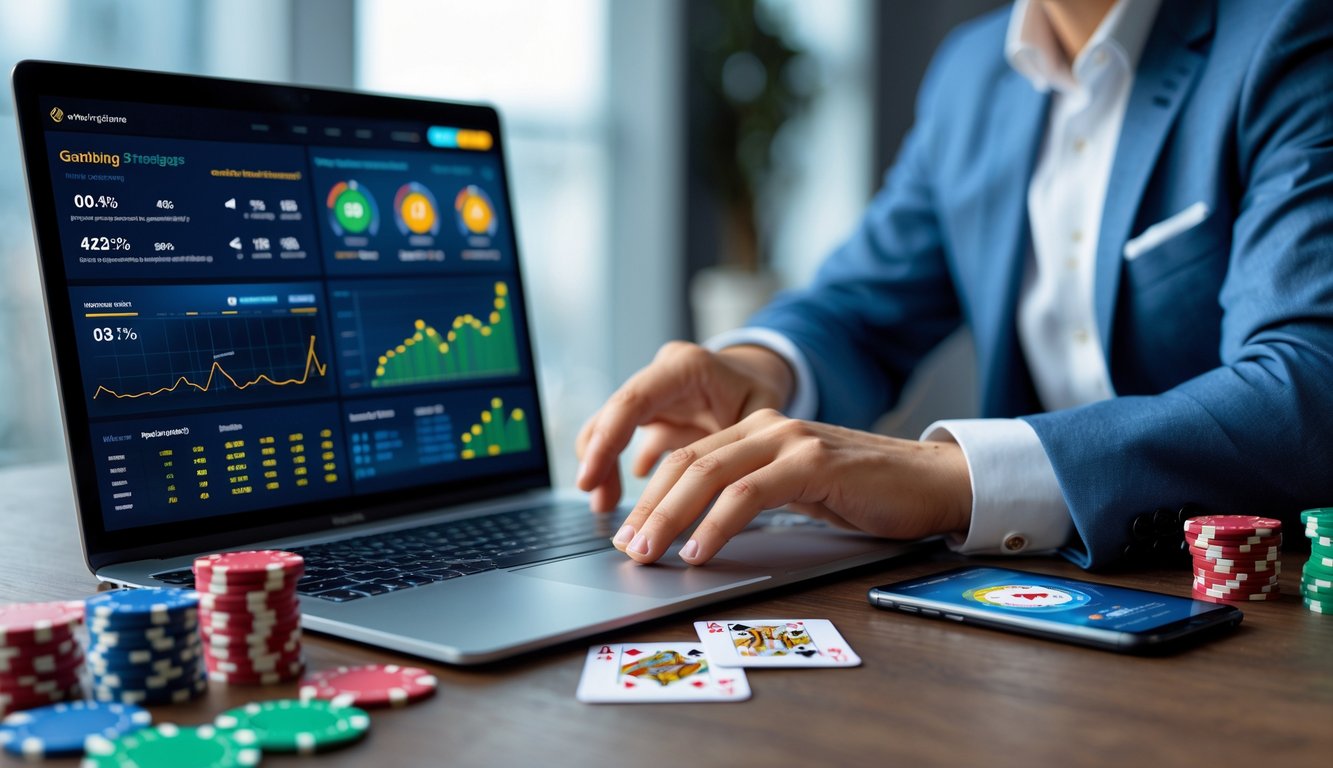 Seseorang sedang menganalisis data judi online dengan laptop, kartu remi, dan chip poker di atas meja kerja.