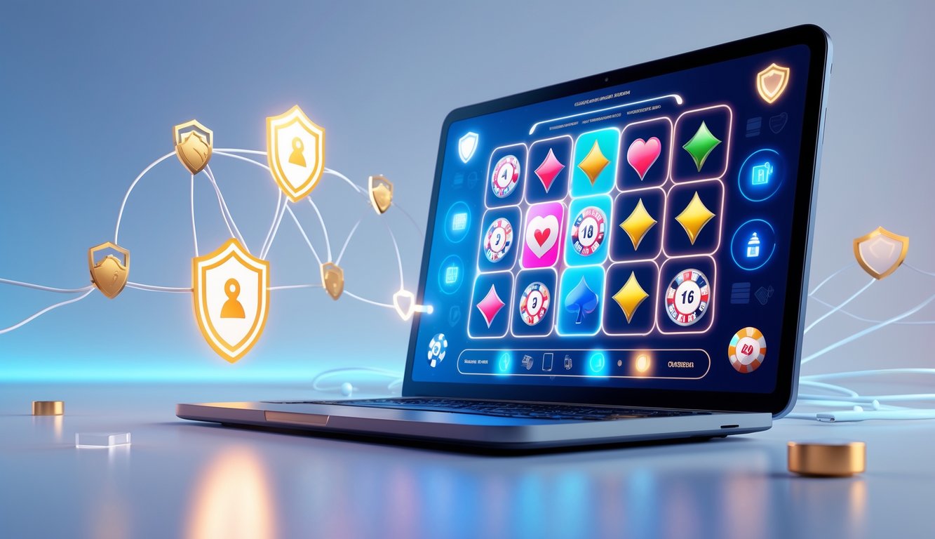 Tampilan layar komputer modern yang menampilkan antarmuka kasino digital dengan ikon permainan judi online dan simbol keamanan di latar belakang bersih.