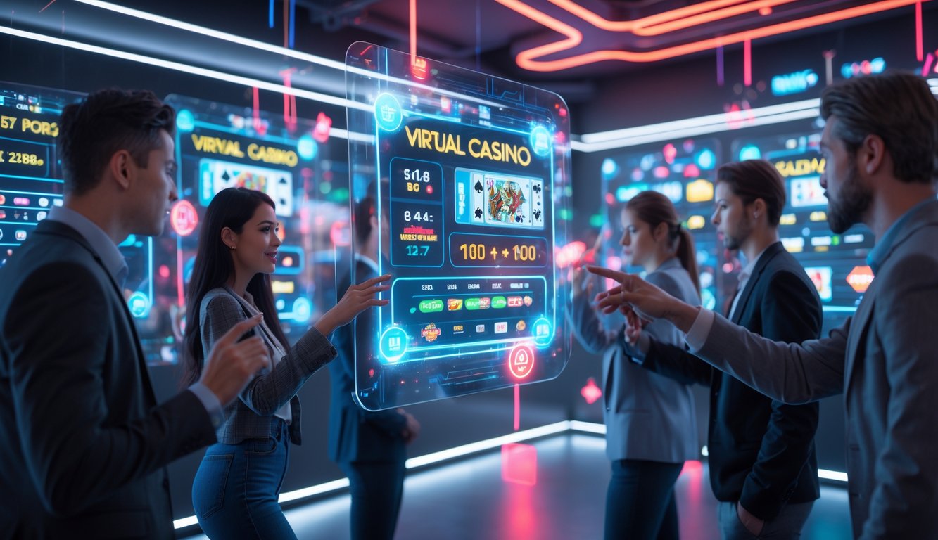 Sekelompok orang muda menggunakan antarmuka digital futuristik untuk bertaruh secara online dengan layar holografik dan suasana teknologi tinggi.