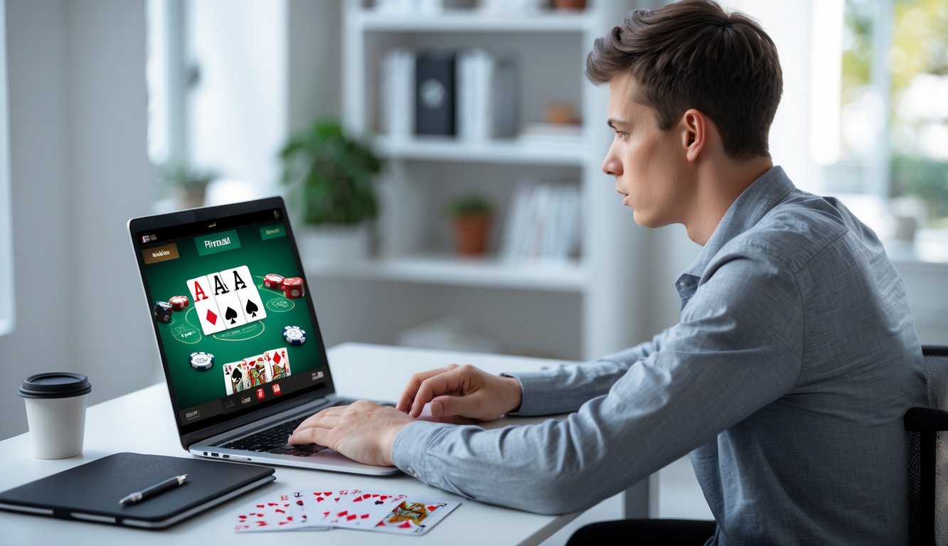 Seseorang duduk di meja dengan laptop, fokus bermain judi online dengan suasana tenang dan teratur.