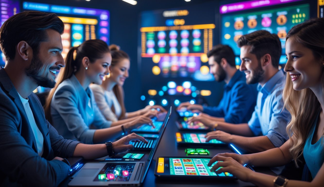 Beberapa orang sedang bermain game judi online menggunakan laptop, tablet, dan ponsel di ruangan modern dengan layar menampilkan permainan kasino digital.