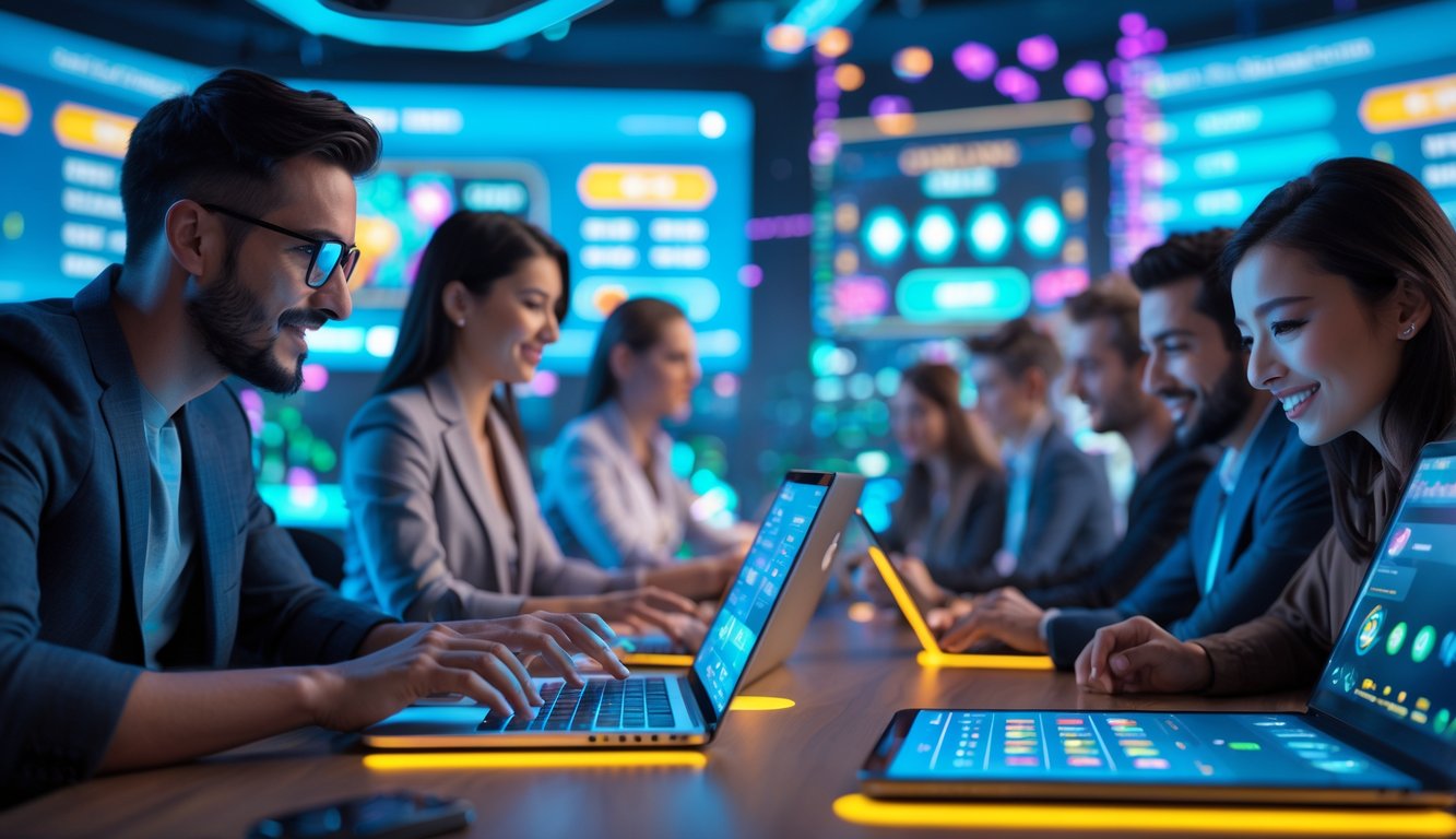 Beberapa orang menggunakan laptop dan ponsel untuk bermain judi online dengan latar belakang grafis digital futuristik.