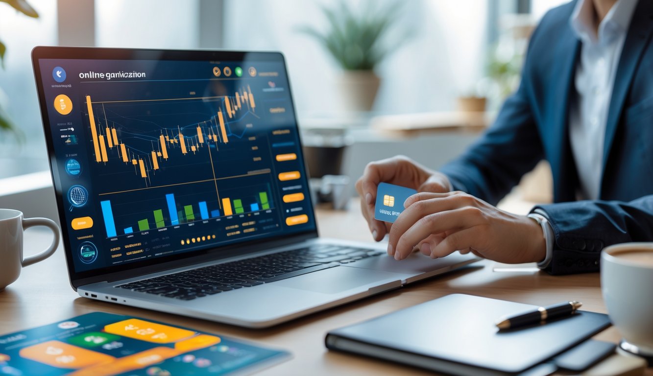 Meja kerja modern dengan laptop dan ponsel yang menampilkan grafik dan aplikasi judi online, seseorang sedang memegang kartu kredit dan mengetik di laptop.