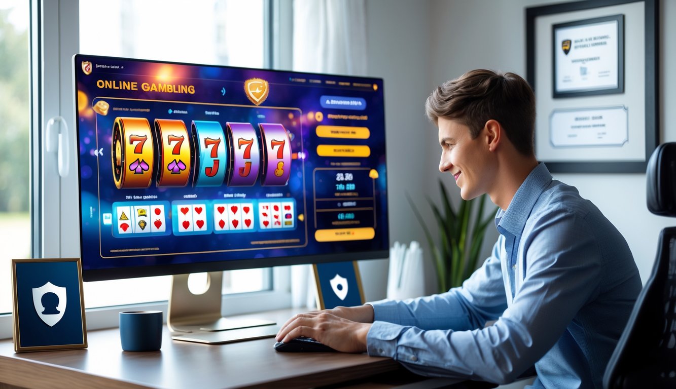 Seseorang sedang duduk di depan komputer dengan tampilan permainan judi online, di ruang kerja yang terang dan rapi dengan simbol keamanan di layar.