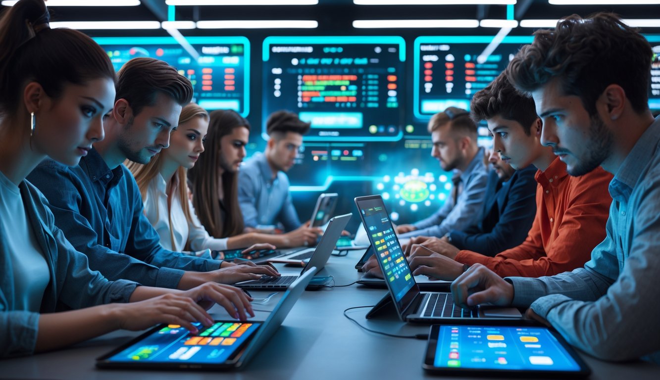 Beberapa orang muda menggunakan perangkat digital untuk melihat data dan strategi taruhan online di sebuah ruang kerja modern.