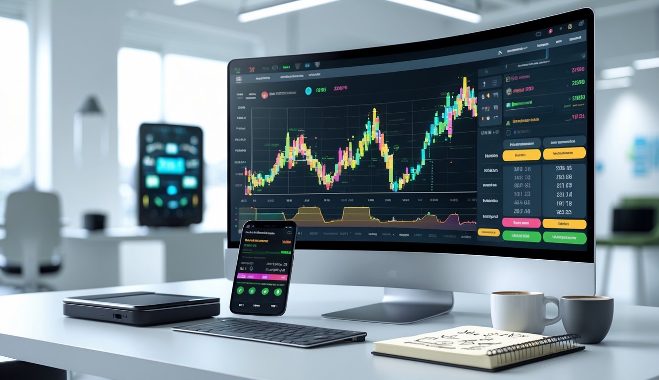 Meja kerja modern dengan komputer dan ponsel yang menampilkan data dan aplikasi taruhan sepak bola, di ruang kantor terang dan minimalis.