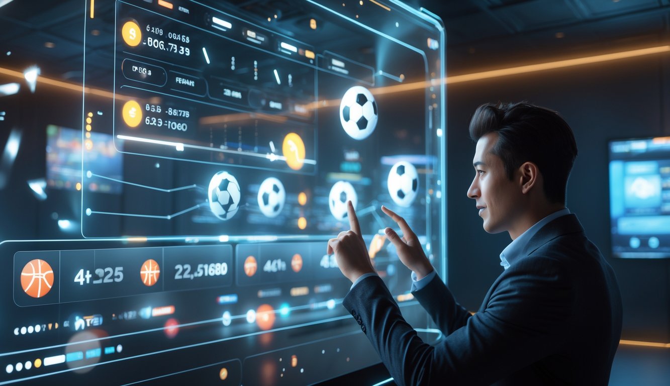 Seorang dewasa muda menggunakan layar digital futuristik untuk memasang taruhan olahraga online dengan latar belakang ruangan berteknologi tinggi.