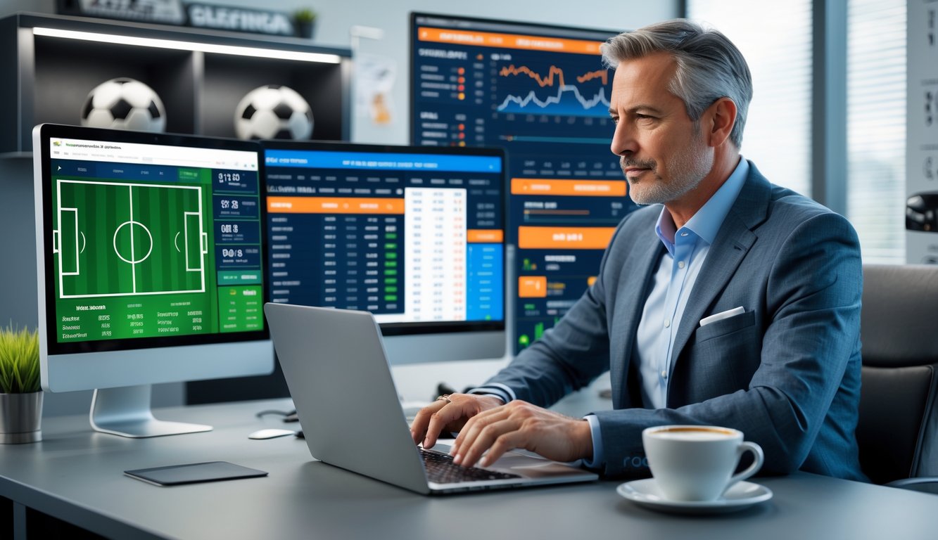 Seorang pria sedang menganalisis strategi taruhan sepak bola online dengan beberapa layar komputer di meja kerjanya.