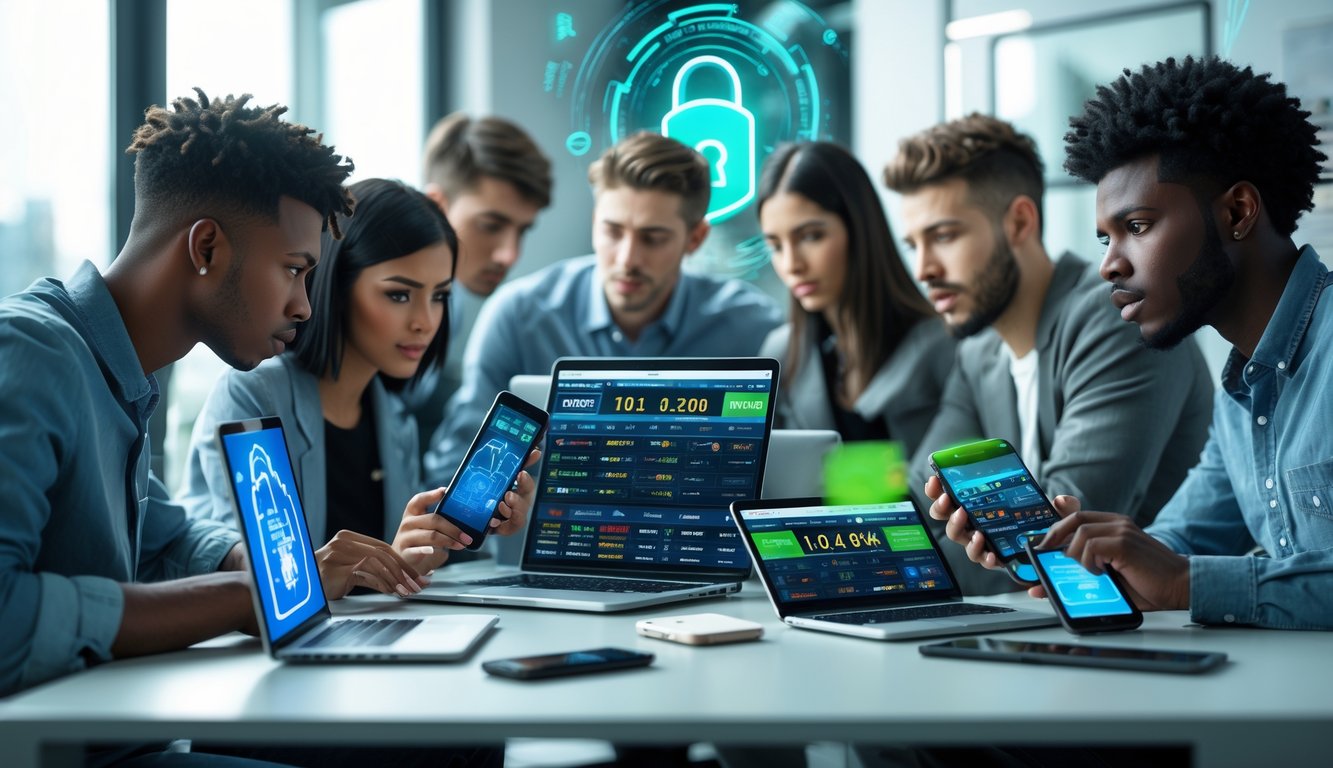 Sekelompok orang muda menggunakan perangkat digital untuk bertaruh olahraga secara online dalam suasana yang aman dan resmi.