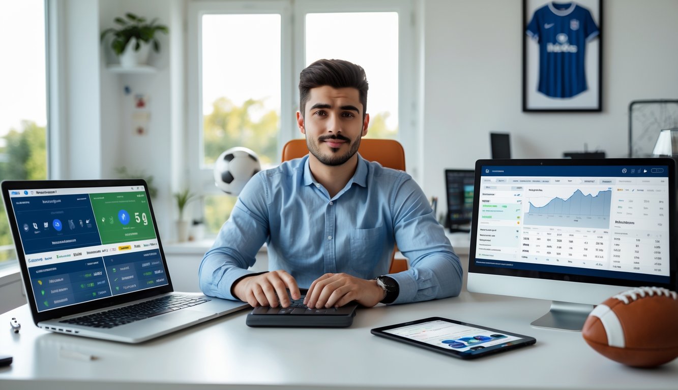 Seorang pria muda duduk di meja kerja dengan laptop dan ponsel yang menampilkan antarmuka taruhan bola, di ruang kerja rumah yang terang dan rapi dengan dekorasi bertema sepak bola.