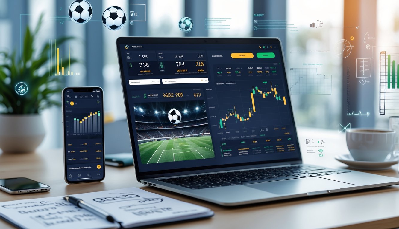 Seorang profesional sedang menganalisis prediksi skor dan data taruhan sepak bola secara online dengan laptop dan perangkat digital di meja kerja.