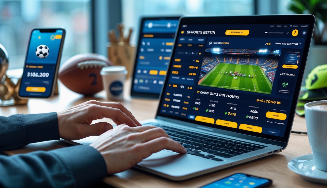 Seseorang menggunakan laptop dengan tampilan situs judi bola online dan beberapa atribut olahraga di meja.