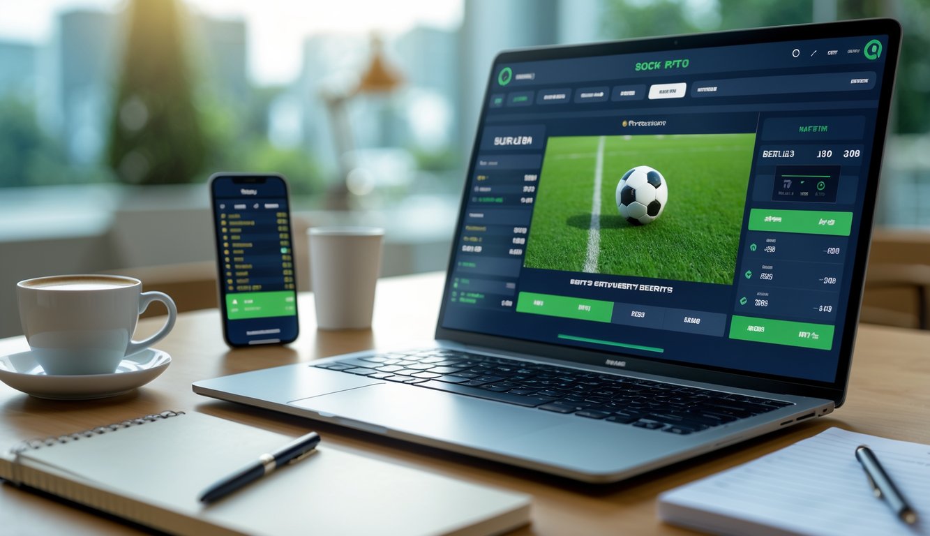 Meja kerja modern dengan laptop, smartphone, dan cangkir kopi yang menunjukkan aktivitas taruhan bola online.