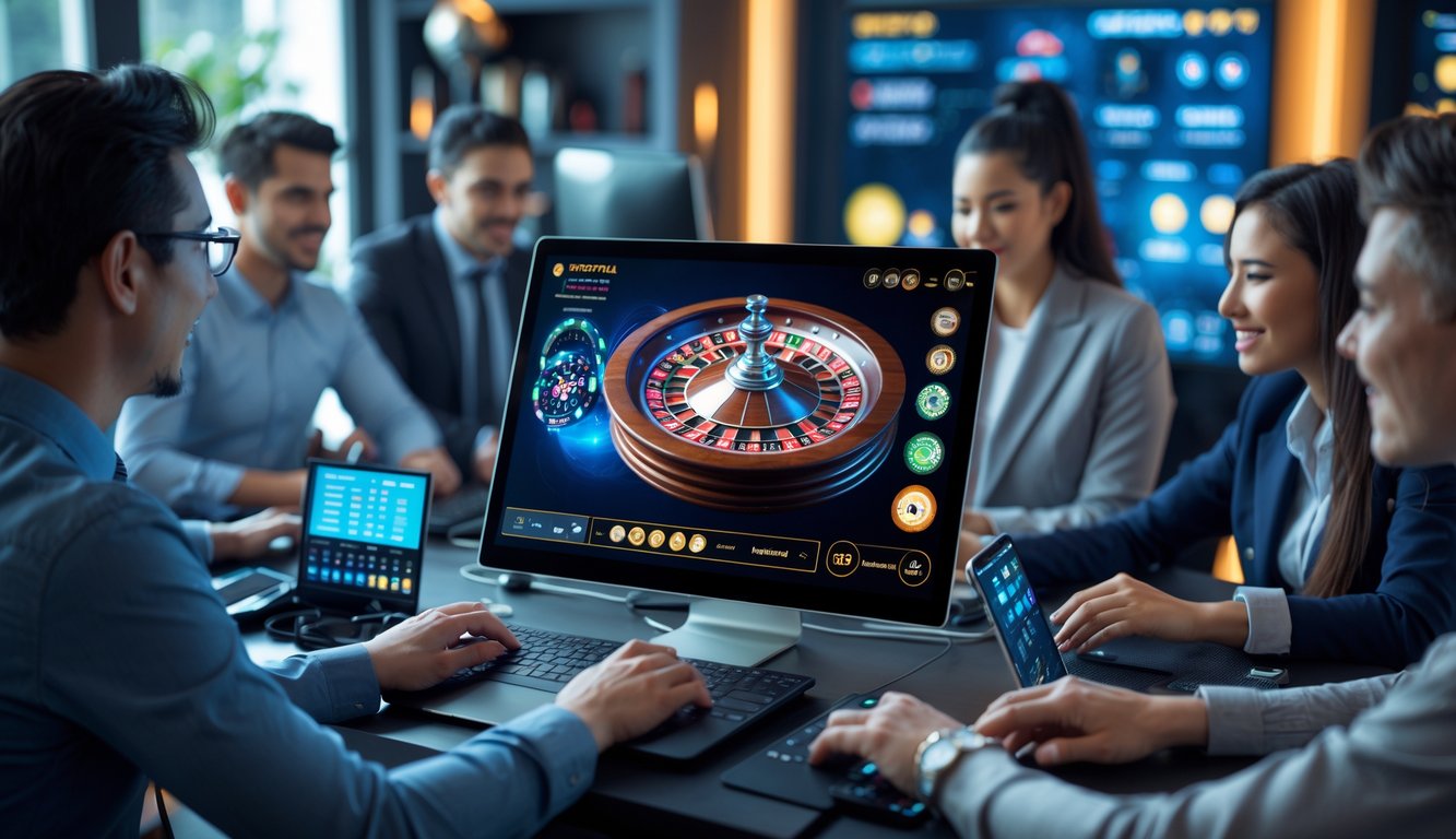 Orang-orang sedang bermain roulette online di ruangan modern dengan komputer dan perangkat digital.