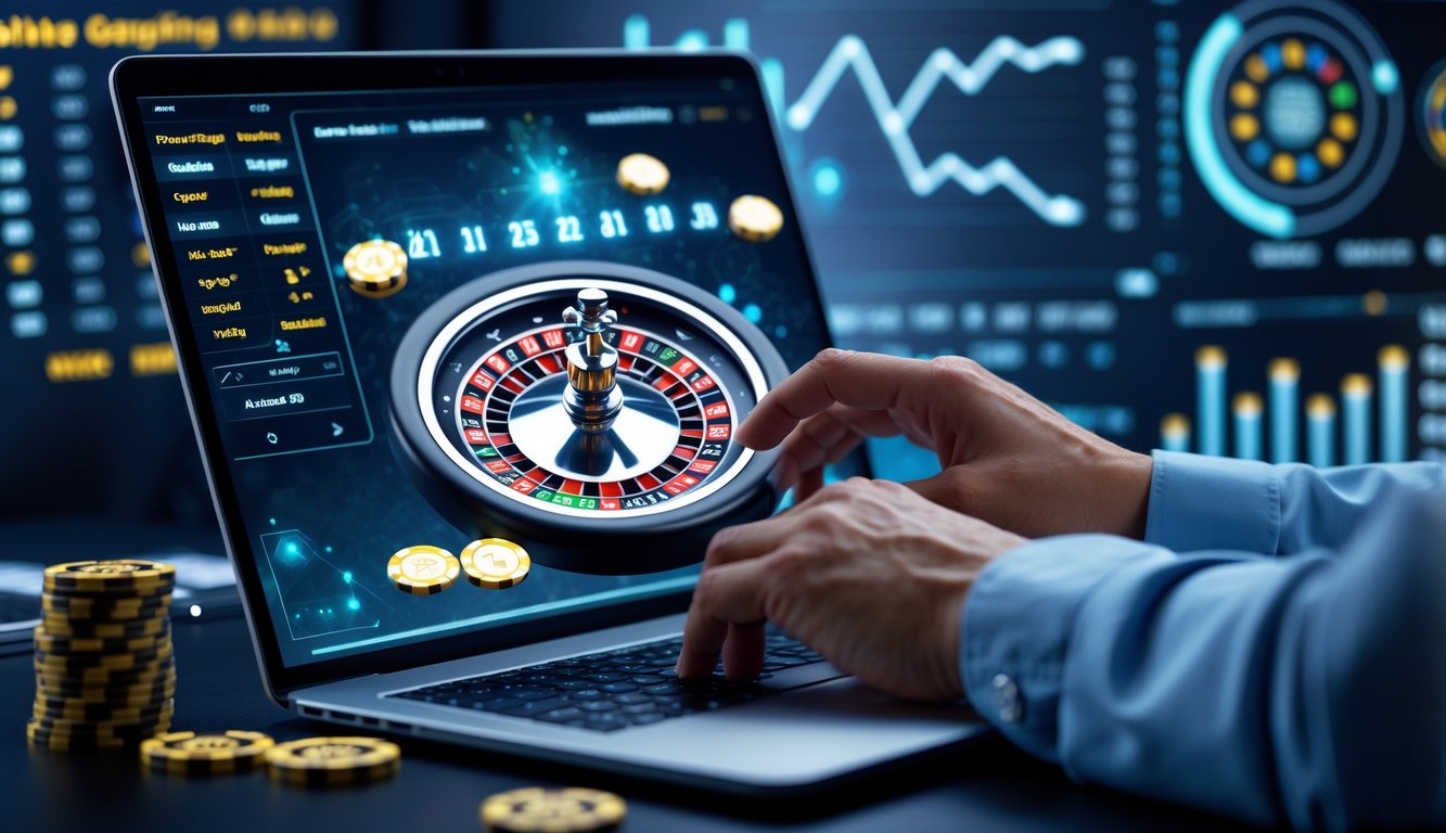 Seorang pemain dewasa sedang menggunakan laptop dengan tampilan roda roulette digital dan chip, menunjukkan suasana permainan judi roulette online.