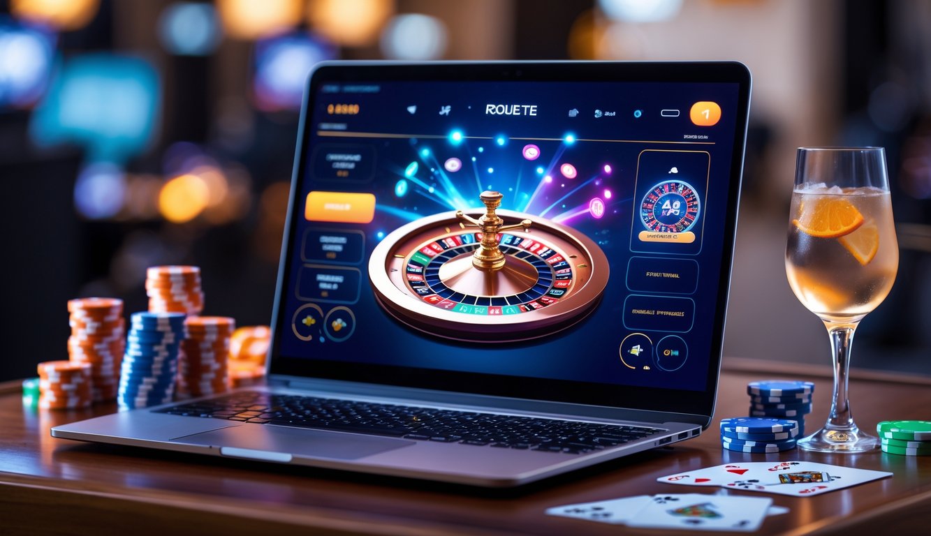 Seorang pemain sedang menggunakan komputer dengan permainan roulette online yang berwarna-warni di layar, dikelilingi oleh chip poker dan kartu remi di atas meja kayu.