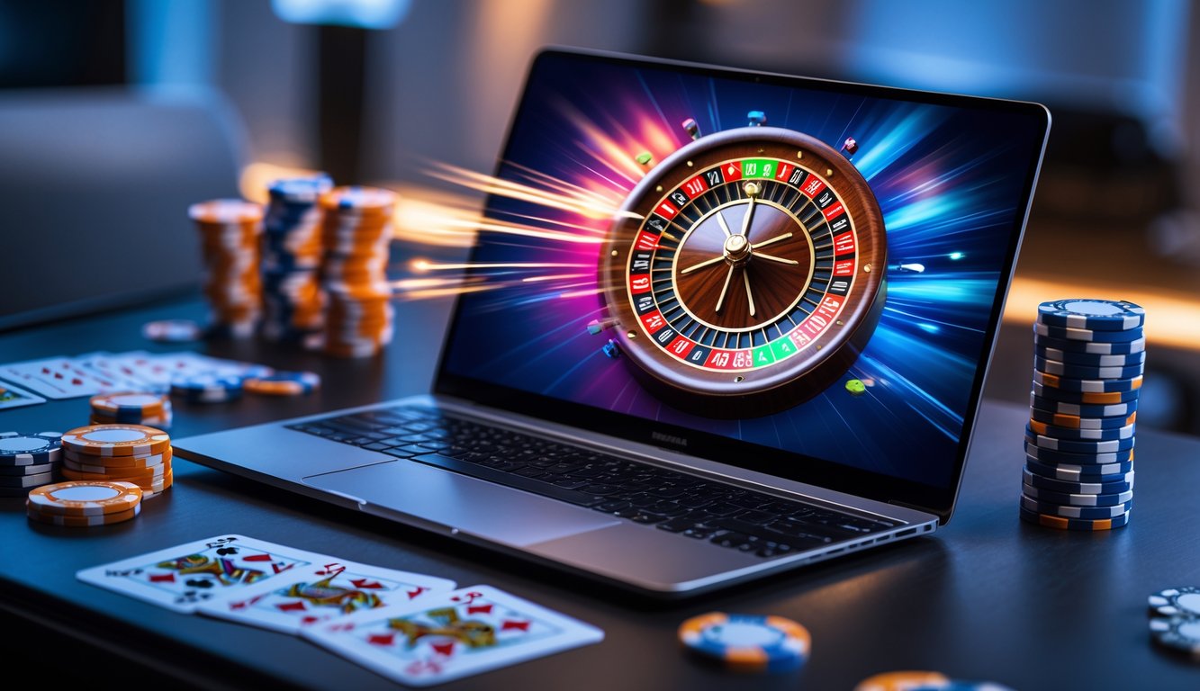 Seorang pemain menggunakan laptop dengan tampilan roda roulette digital dan chip poker di atas meja.