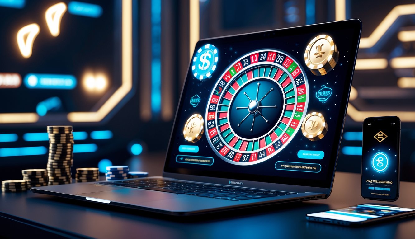 Sebuah laptop menampilkan permainan roulette online dengan roda roulette yang berwarna-warni, dikelilingi oleh elemen digital yang menunjukkan bonus dan promosi eksklusif.