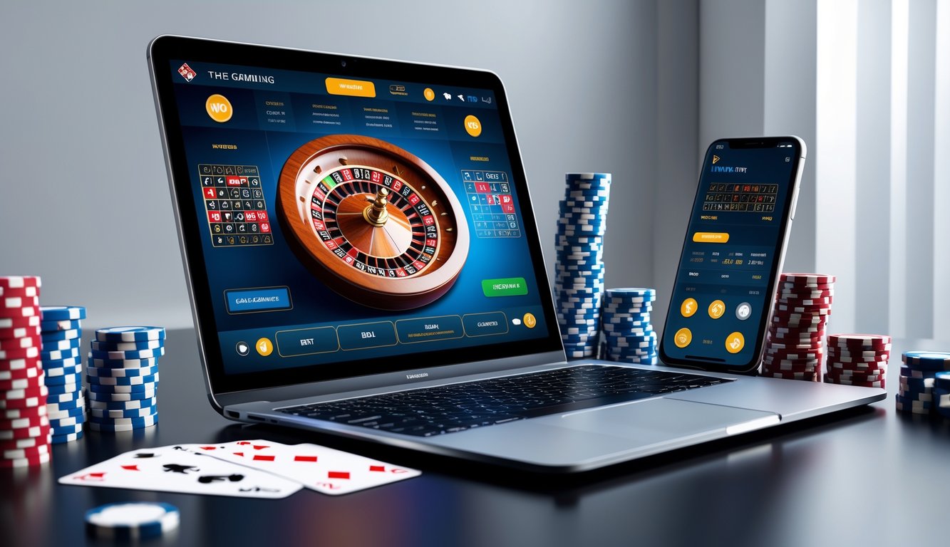 Sebuah layar komputer menampilkan roda roulette digital dengan tumpukan chip dan kartu di sekitarnya, menggambarkan suasana permainan judi online.