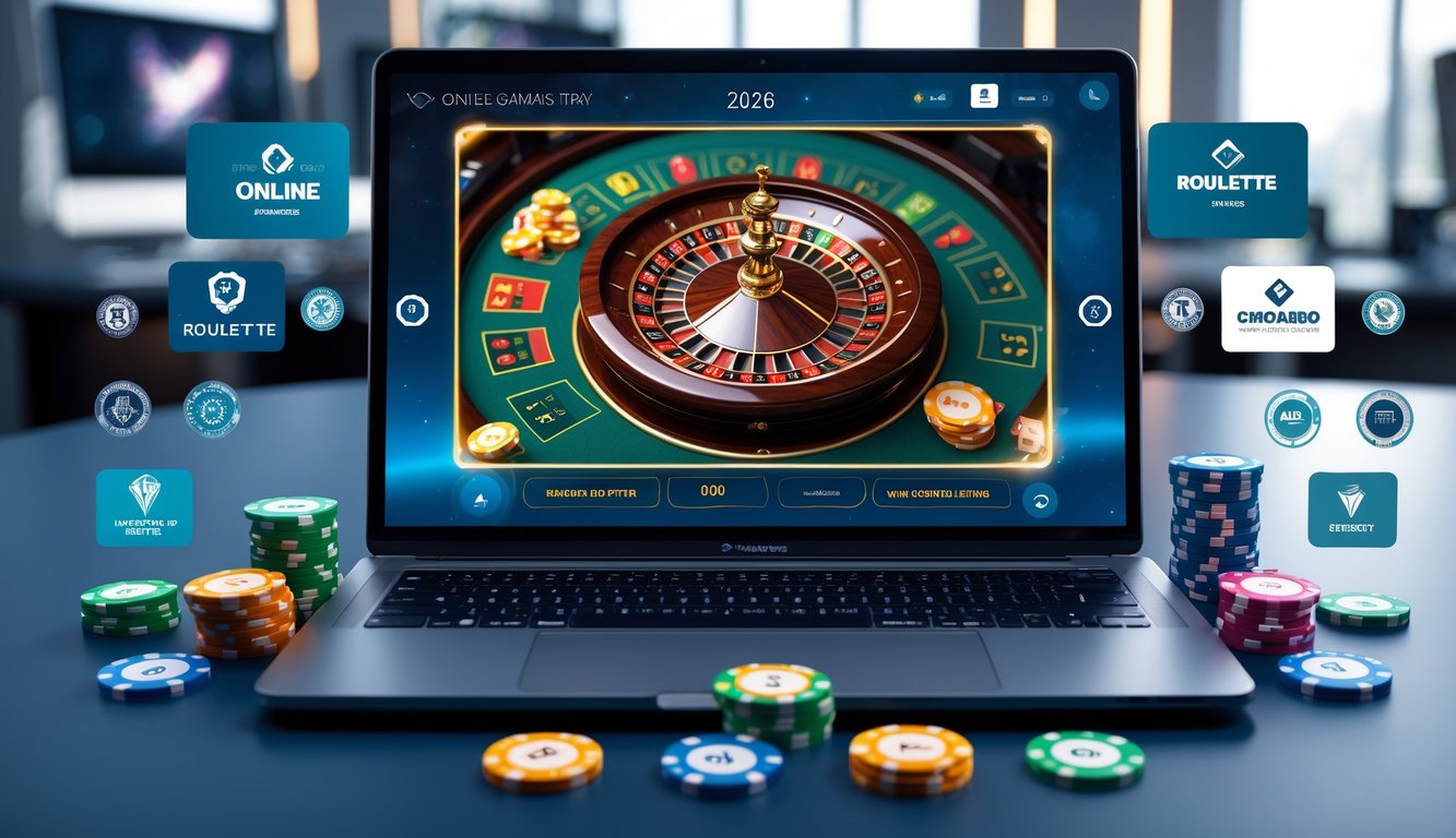 Sebuah komputer modern menampilkan roda roulette digital dengan chip berwarna di sekitarnya di atas meja kerja yang rapi.