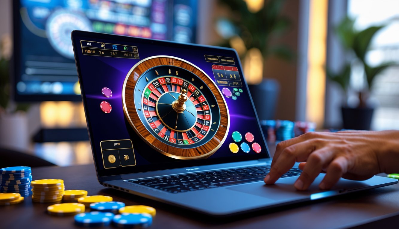 Seorang pemain sedang bermain roulette online di laptop dengan tampilan roda roulette dan chip warna-warni di meja.